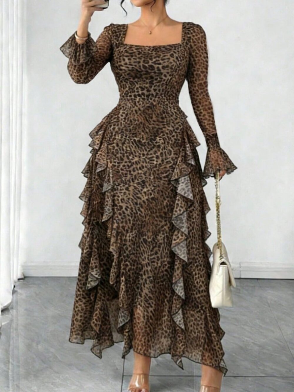 Women's Plus Size Leopard Print Ruffle Trim Long Sleeve Square Neck maxi Dress - Picture 4 of 5